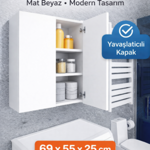 DUYAMO 3 Raflı Çok Amaçlı Banyo Dolabı Mat Beyaz MDF Lam 69x55x25 cm Yavaşlatıcılı Kapaklı Duvar Dolabı