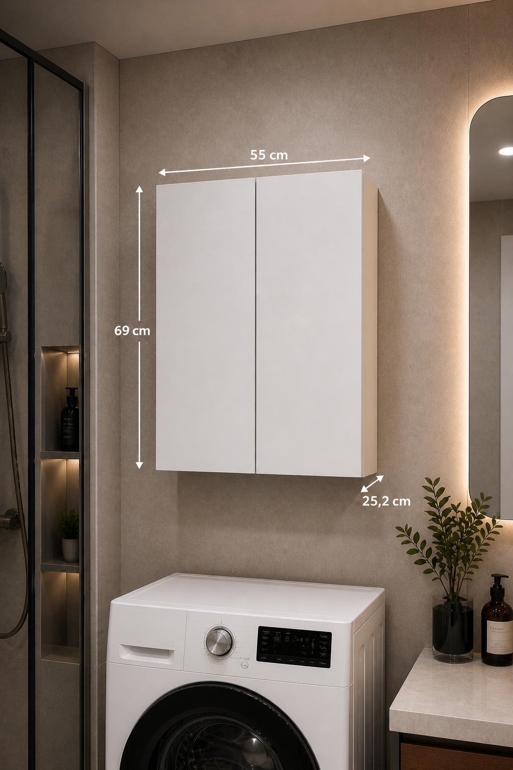 DUYAMO 3 Raflı Çok Amaçlı Banyo Dolabı Mat Beyaz MDF Lam 69x55x25 cm Yavaşlatıcılı Kapaklı Duvar Dolabı