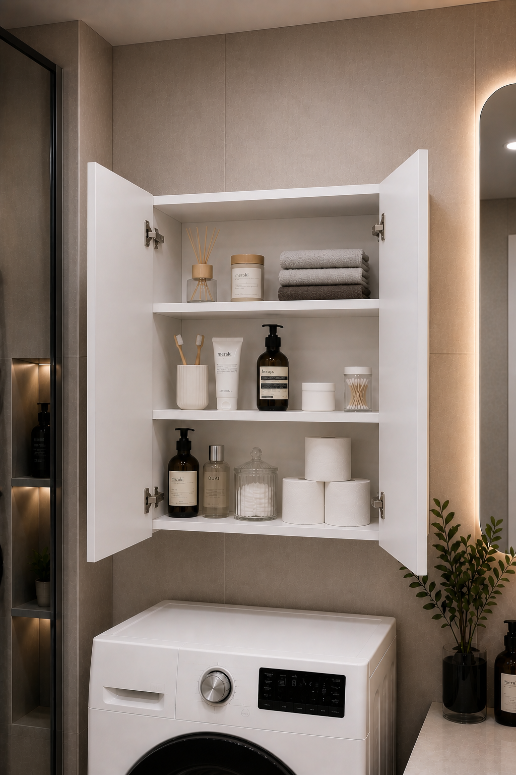 DUYAMO 3 Raflı Çok Amaçlı Banyo Dolabı Mat Beyaz MDF Lam 69x55x25 cm Yavaşlatıcılı Kapaklı Duvar Dolabı - Görsel 2